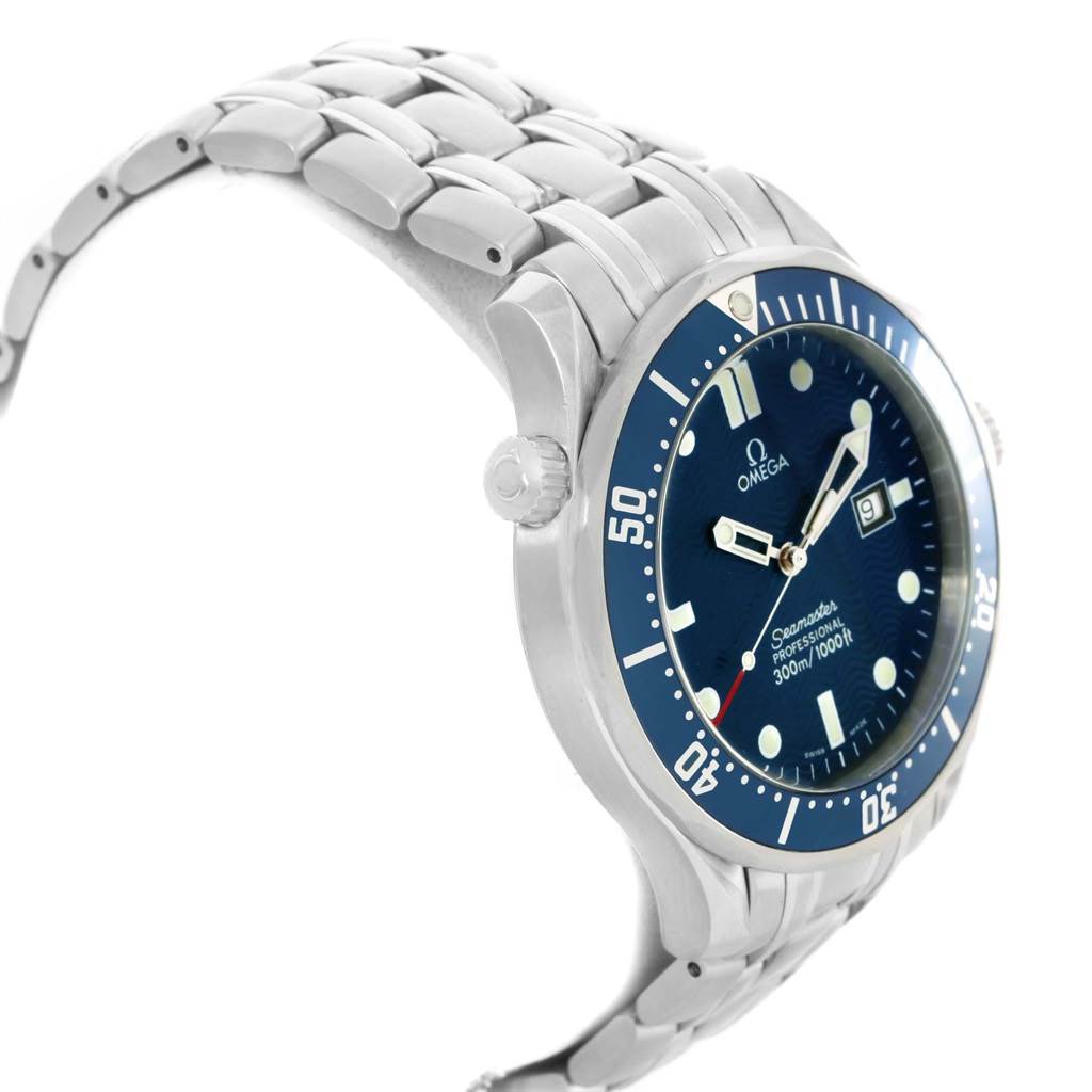 The image shows a side angle of the Omega Seamaster 2541.80.00 Men
s Stainless Steel Blue Dial 2541.80.00 Men
s Stainless Steel Blue Dial watch, highlighting the bracelet, crown, and blue dial with date display.