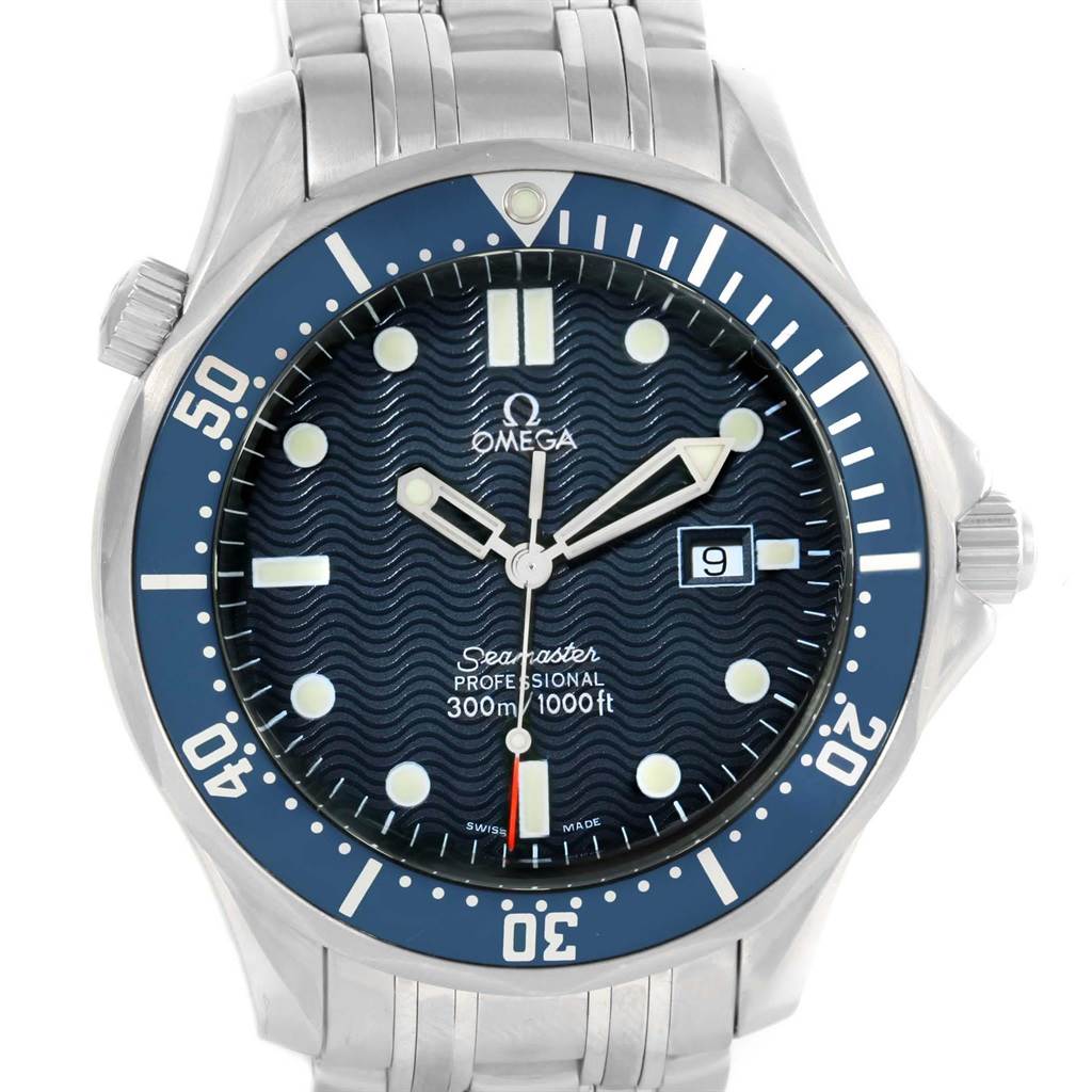 The Omega Seamaster 2541.80.00 Men
s Stainless Steel Blue Dial 2541.80.00 Men
s Stainless Steel Blue Dial watch is shown from a frontal angle, displaying the dial, bezel, and part of the bracelet.