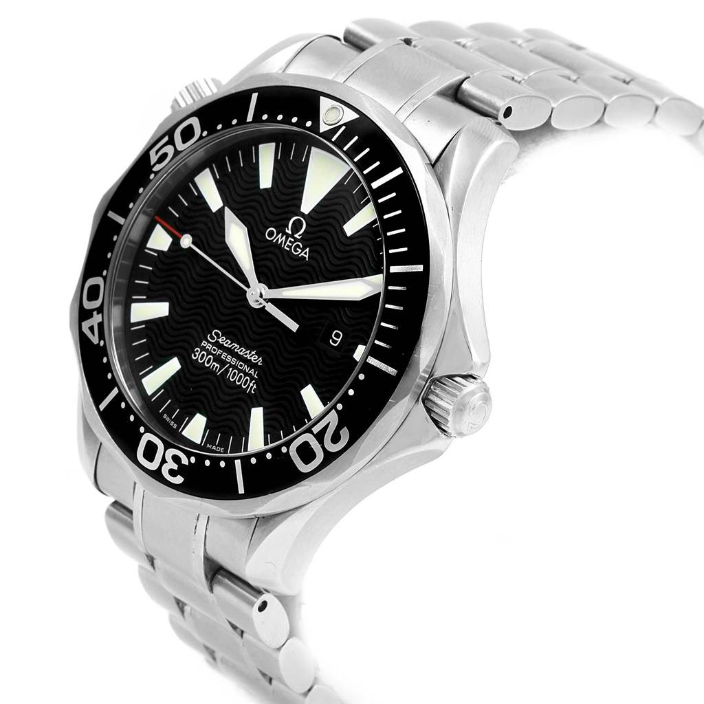 This image shows an angled view of the Omega Seamaster 2264.50.00 Men
s Stainless Steel Black Dial 2264.50.00 Men
s Stainless Steel Black Dial watch, highlighting the dial, bezel, crown, and stainless steel bracelet.