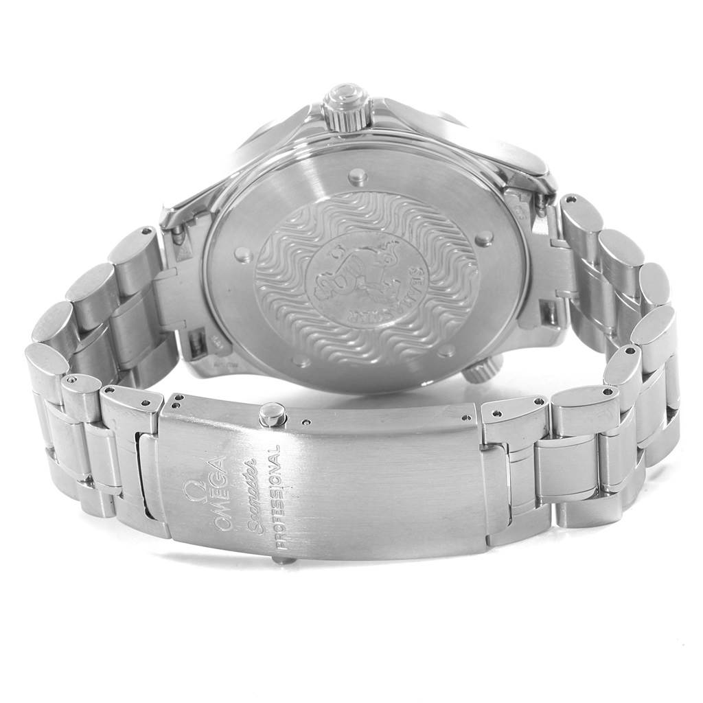 The image shows the back and bracelet clasp of an Omega Seamaster 2264.50.00 Men
s Stainless Steel Black Dial 2264.50.00 Men
s Stainless Steel Black Dial watch, emphasizing its detailed case back and metal links.