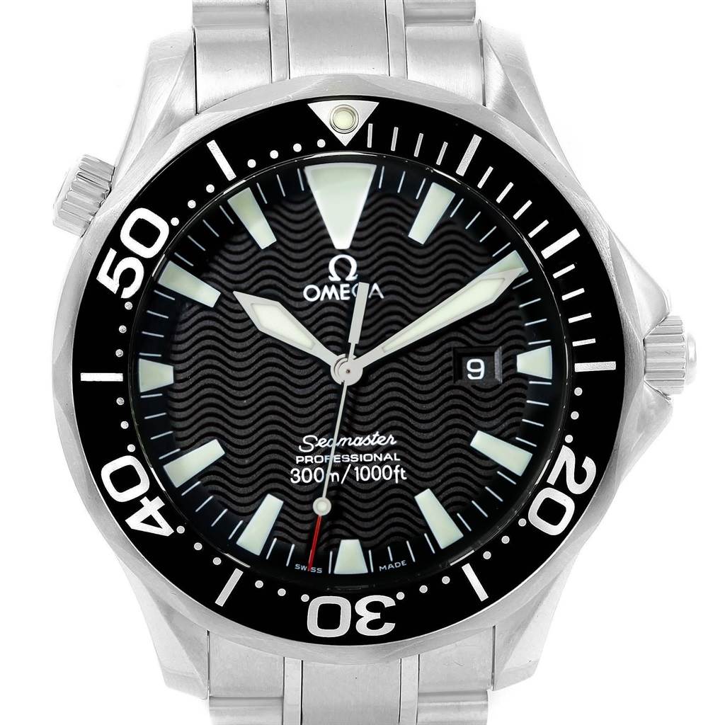 The image shows a frontal view of the Omega Seamaster 2264.50.00 Men
s Stainless Steel Black Dial 2264.50.00 Men
s Stainless Steel Black Dial watch, displaying its dial, bezel, hands, and part of the bracelet.
