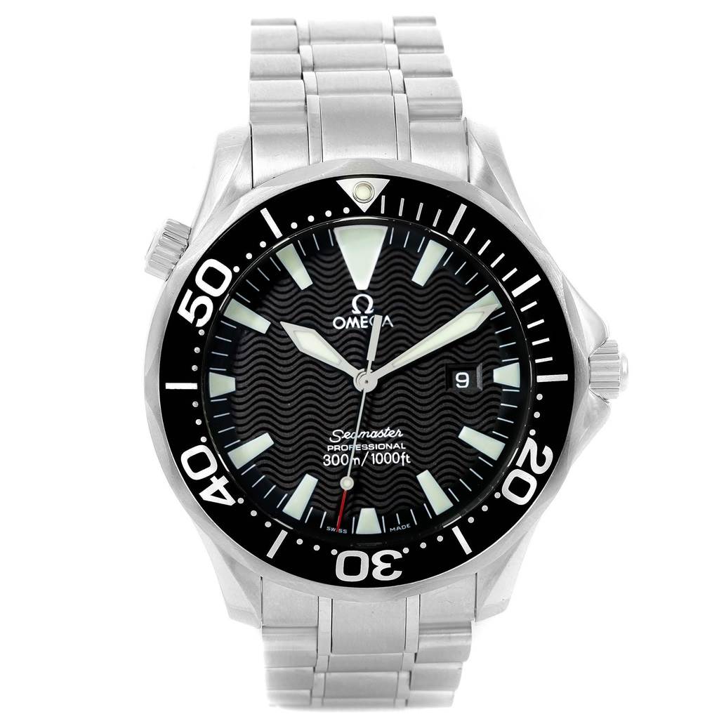 The image shows the Omega Seamaster 2264.50.00 Men
s Stainless Steel Black Dial 2264.50.00 Men
s Stainless Steel Black Dial watch from a front angle, displaying the face, bezel, and stainless steel bracelet.
