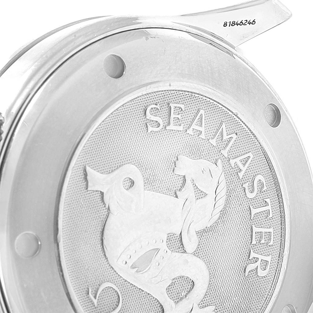 This image shows the case back of an Omega Seamaster 2220.80.00 Men
s Stainless Steel Blue Dial 2220.80.00 Men
s Stainless Steel Blue Dial watch, featuring the engraved logo and model name.