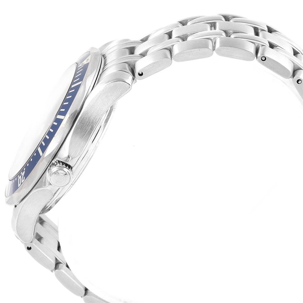 The image shows a side view of the Omega Seamaster 2220.80.00 Men
s Stainless Steel Blue Dial 2220.80.00 Men
s Stainless Steel Blue Dial watch, highlighting the bezel, crown, and stainless steel bracelet.