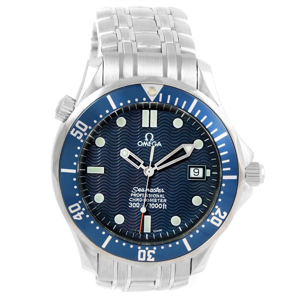 The Omega Seamaster 2531.80.00 Men
s Stainless Steel Blue Dial 2531.80.00 Men
s Stainless Steel Blue Dial watch is shown from a front angle, displaying the face, bezel, and metal bracelet.
