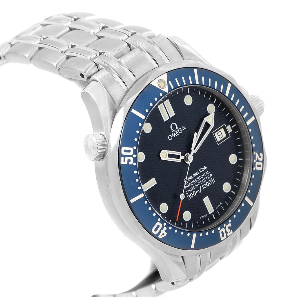 This Omega Seamaster 2531.80.00 Men
s Stainless Steel Blue Dial 2531.80.00 Men
s Stainless Steel Blue Dial watch is shown from an angled right-side view, showcasing the face, bezel, crown, and part of the bracelet.