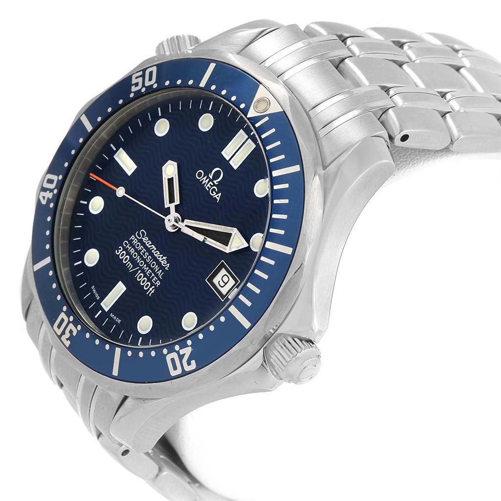 The Omega Seamaster 2531.80.00 Men
s Stainless Steel Blue Dial 2531.80.00 Men
s Stainless Steel Blue Dial watch is shown from a three-quarter angle, displaying the face, bezel, crown, and part of the bracelet.