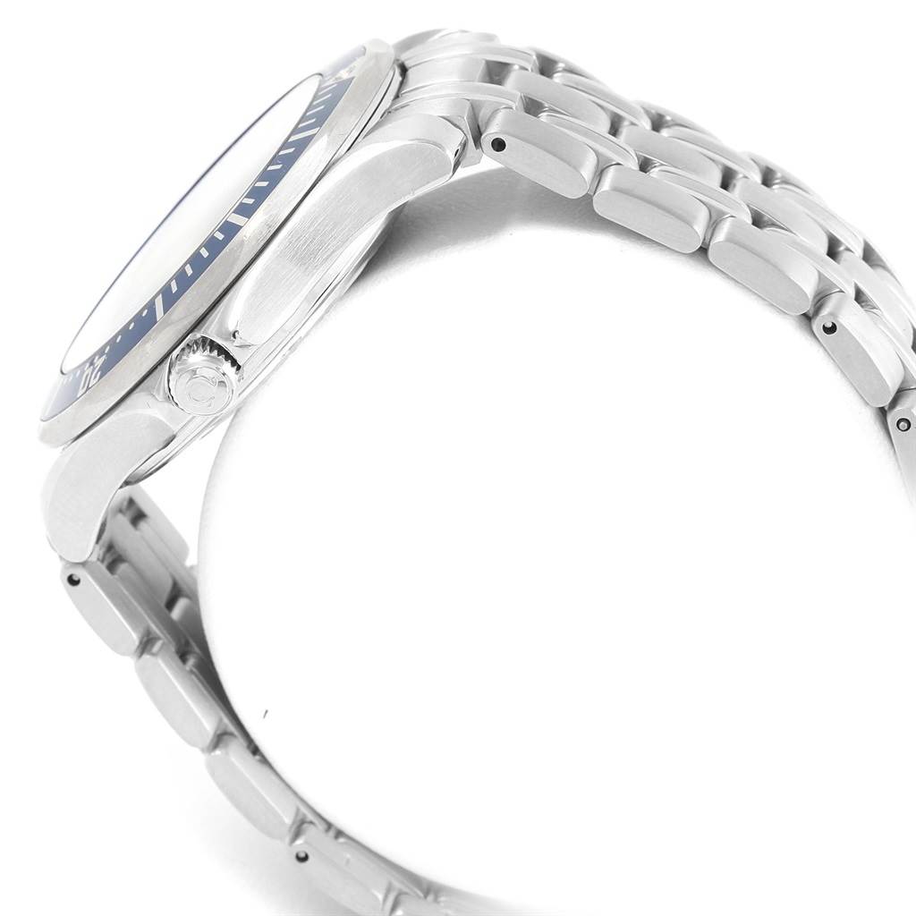 The image shows a side view of an Omega Seamaster 2531.80.00 Men
s Stainless Steel Blue Dial 2531.80.00 Men
s Stainless Steel Blue Dial watch featuring the bezel, crown, and part of the bracelet.