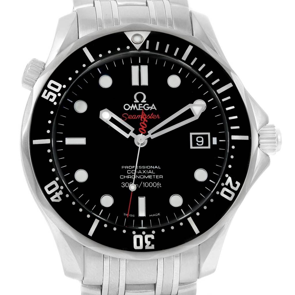 The Omega Seamaster 212.30.41.20.01.001 Men
s Stainless Steel Black Dial 212.30.41.20.01.001 Men
s Stainless Steel Black Dial watch is shown from a front angle, displaying its black dial, bezel, date window, and silver bracelet.