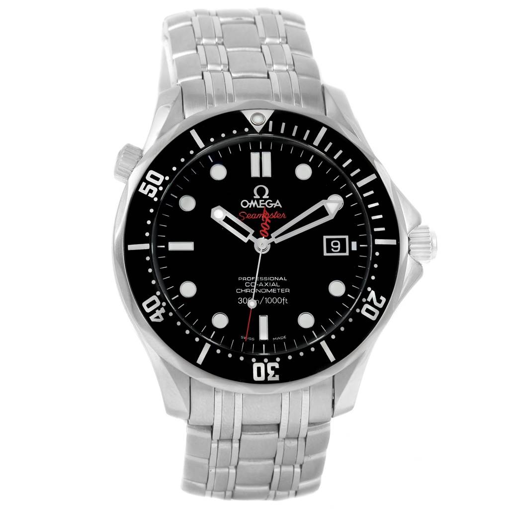The image shows a front view of the Omega Seamaster 212.30.41.20.01.001 Men
s Stainless Steel Black Dial 212.30.41.20.01.001 Men
s Stainless Steel Black Dial watch, displaying the dial, bezel, crown, and bracelet.