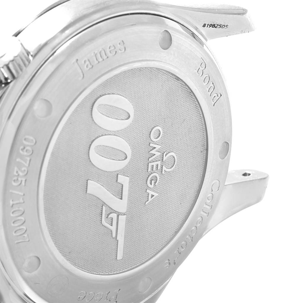 This image shows the back case of the Omega Seamaster 212.30.41.20.01.001 Men
s Stainless Steel Black Dial 212.30.41.20.01.001 Men
s Stainless Steel Black Dial "007" James Bond Collector
s Piece watch at an angled view.