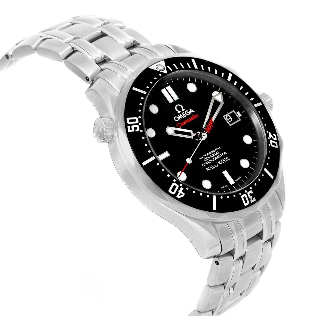 This image shows the Omega Seamaster 212.30.41.20.01.001 Men
s Stainless Steel Black Dial 212.30.41.20.01.001 Men
s Stainless Steel Black Dial watch at an angled side view, displaying its black dial, bezel, and stainless steel bracelet.