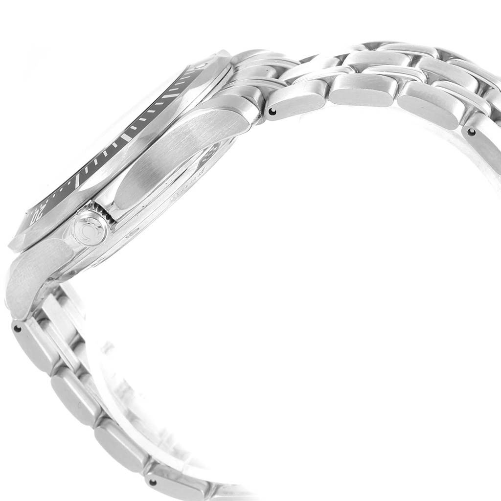 The image shows a side view of the Omega Seamaster 212.30.41.20.01.001 Men
s Stainless Steel Black Dial 212.30.41.20.01.001 Men
s Stainless Steel Black Dial watch, highlighting the crown, bezel, and metal bracelet.