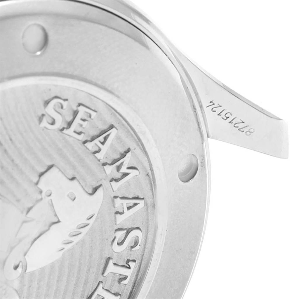 This image shows a close-up of the case back of an Omega Seamaster 212.30.41.20.01.003 Men
s Stainless Steel Black Dial 212.30.41.20.01.003 Men
s Stainless Steel Black Dial watch, highlighting the engraved logo and serial number.