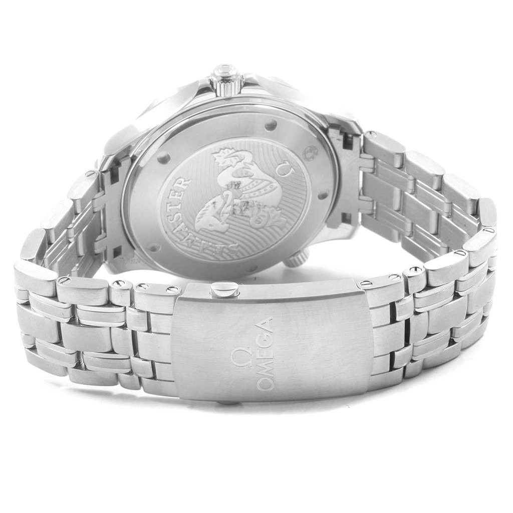 The image shows the back case and bracelet of an Omega Seamaster 212.30.41.20.01.003 Men
s Stainless Steel Black Dial 212.30.41.20.01.003 Men
s Stainless Steel Black Dial watch, including the branded clasp.