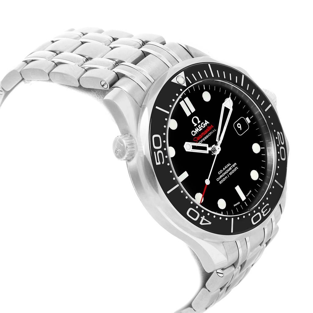 The Omega Seamaster 212.30.41.20.01.003 Men
s Stainless Steel Black Dial 212.30.41.20.01.003 Men
s Stainless Steel Black Dial is shown at an angled side view, highlighting the dial, bezel, crown, and part of the bracelet.