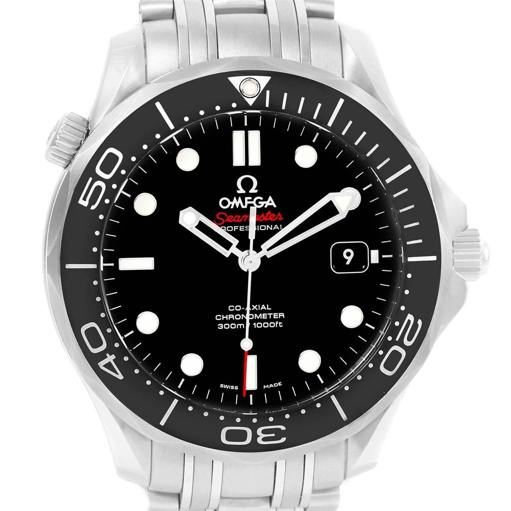 The image shows a front view of the Omega Seamaster 212.30.41.20.01.003 Men
s Stainless Steel Black Dial 212.30.41.20.01.003 Men
s Stainless Steel Black Dial watch, displaying the dial, bezel, crown, and part of the bracelet.