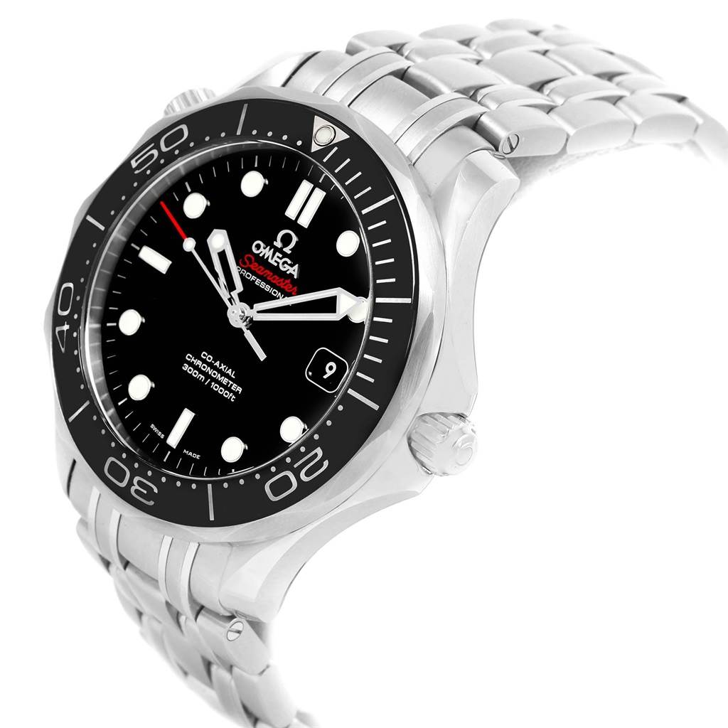 The image shows the Omega Seamaster 212.30.41.20.01.003 Men
s Stainless Steel Black Dial 212.30.41.20.01.003 Men
s Stainless Steel Black Dial watch at a three-quarter angle, focusing on the face, bezel, and bracelet.