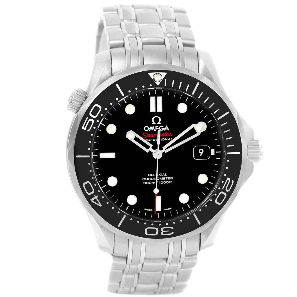 The image shows a front view of the Omega Seamaster 212.30.41.20.01.003 Men
s Stainless Steel Black Dial 212.30.41.20.01.003 Men
s Stainless Steel Black Dial model, highlighting its bezel, dial, and metal bracelet.