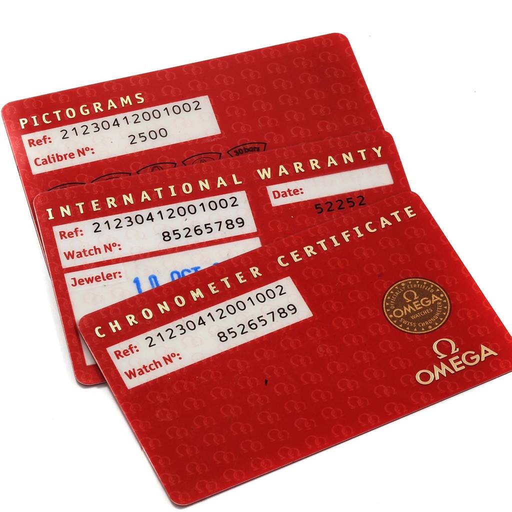 The image shows international warranty, chronometer certificate, and pictograms cards for an Omega Seamaster 212.30.41.20.01.002 Men
s Stainless Steel Black Dial 212.30.41.20.01.002 Men
s Stainless Steel Black Dial watch.