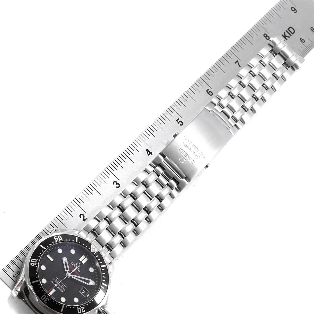 The image shows the Omega Seamaster 212.30.41.20.01.002 Men
s Stainless Steel Black Dial 212.30.41.20.01.002 Men
s Stainless Steel Black Dial watch from an overhead angle, featuring its face, bezel, and metal bracelet with a visible clasp.