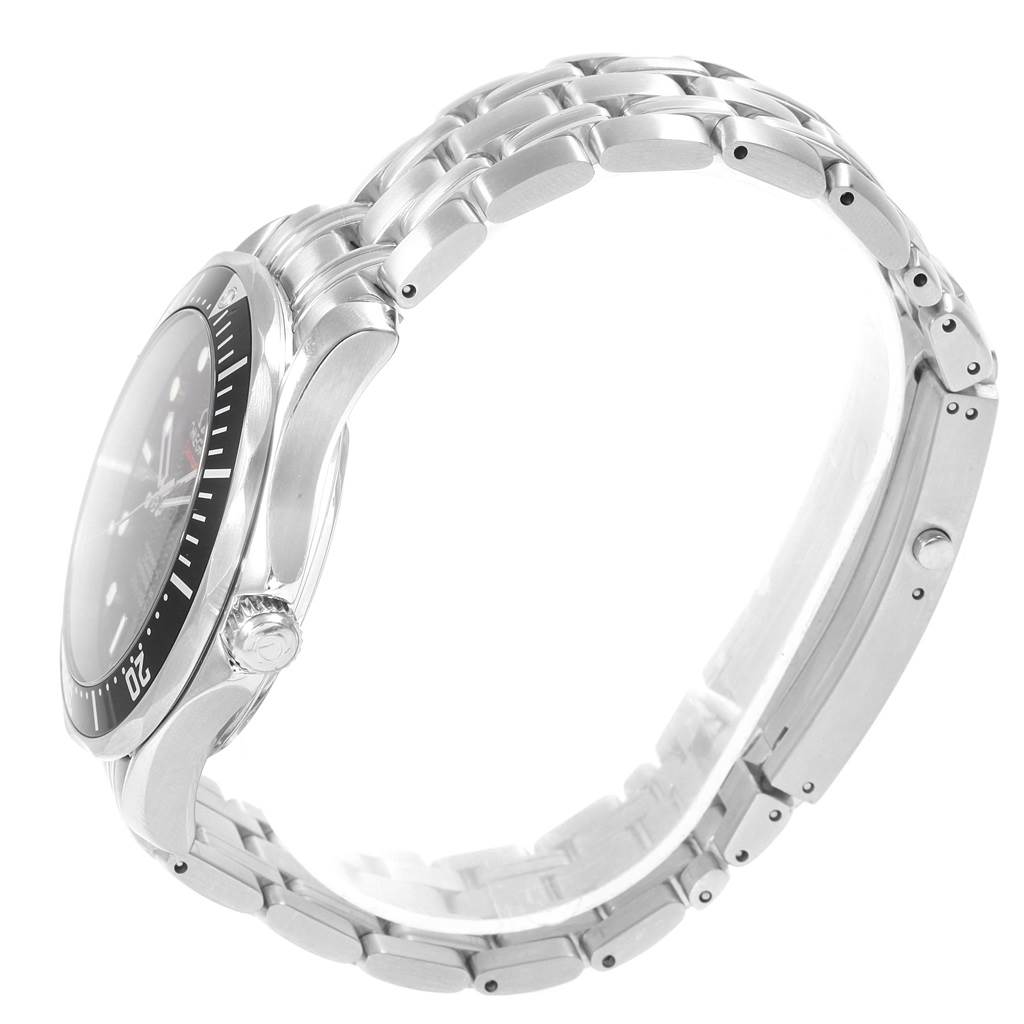 The image shows a side angle of the Omega Seamaster 212.30.41.20.01.002 Men
s Stainless Steel Black Dial 212.30.41.20.01.002 Men
s Stainless Steel Black Dial watch, highlighting the crown, bezel, and stainless steel bracelet.