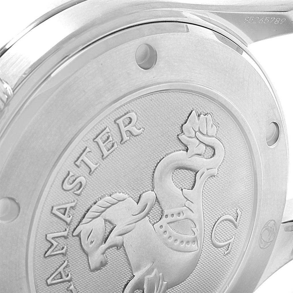 The image shows the back cover of an Omega Seamaster 212.30.41.20.01.002 Men
s Stainless Steel Black Dial 212.30.41.20.01.002 Men
s Stainless Steel Black Dial watch, featuring the engraved logo.