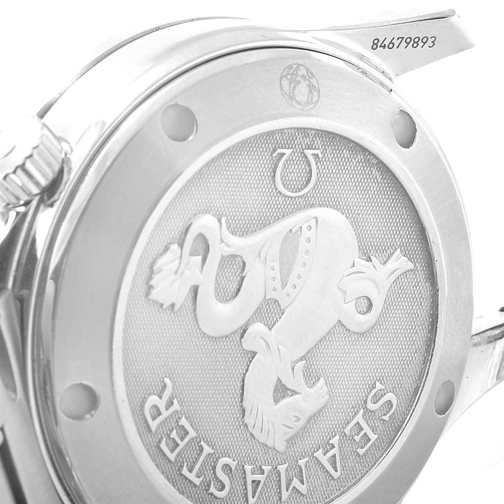 The image shows the back case of an Omega Seamaster 2222.80.00 Men
s Stainless Steel Blue Dial 2222.80.00 Men
s Stainless Steel Blue Dial watch, highlighting the engraved logo and model name.