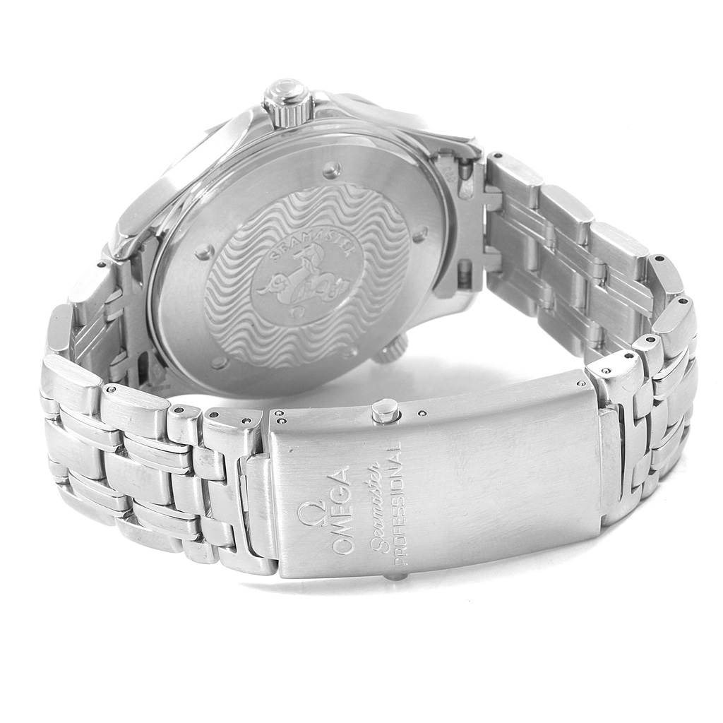 The image shows a rear view of the Omega Seamaster 2531.80.00 Men
s Stainless Steel Blue Dial 2531.80.00 Men
s Stainless Steel Blue Dial watch, highlighting the case back and metal bracelet.