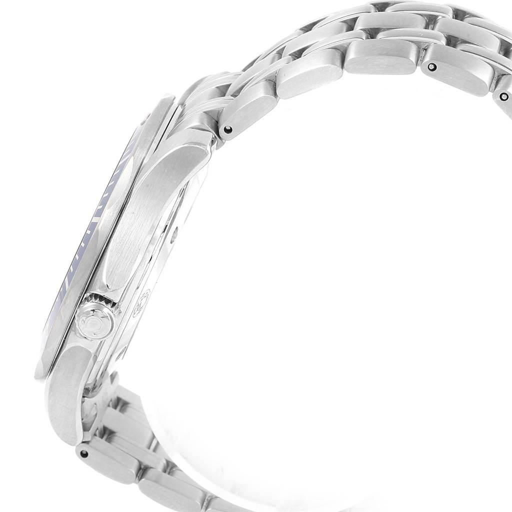 The image shows a side view of the Omega Seamaster 2531.80.00 Men
s Stainless Steel Blue Dial 2531.80.00 Men
s Stainless Steel Blue Dial watch, highlighting the case, crown, and metal bracelet.