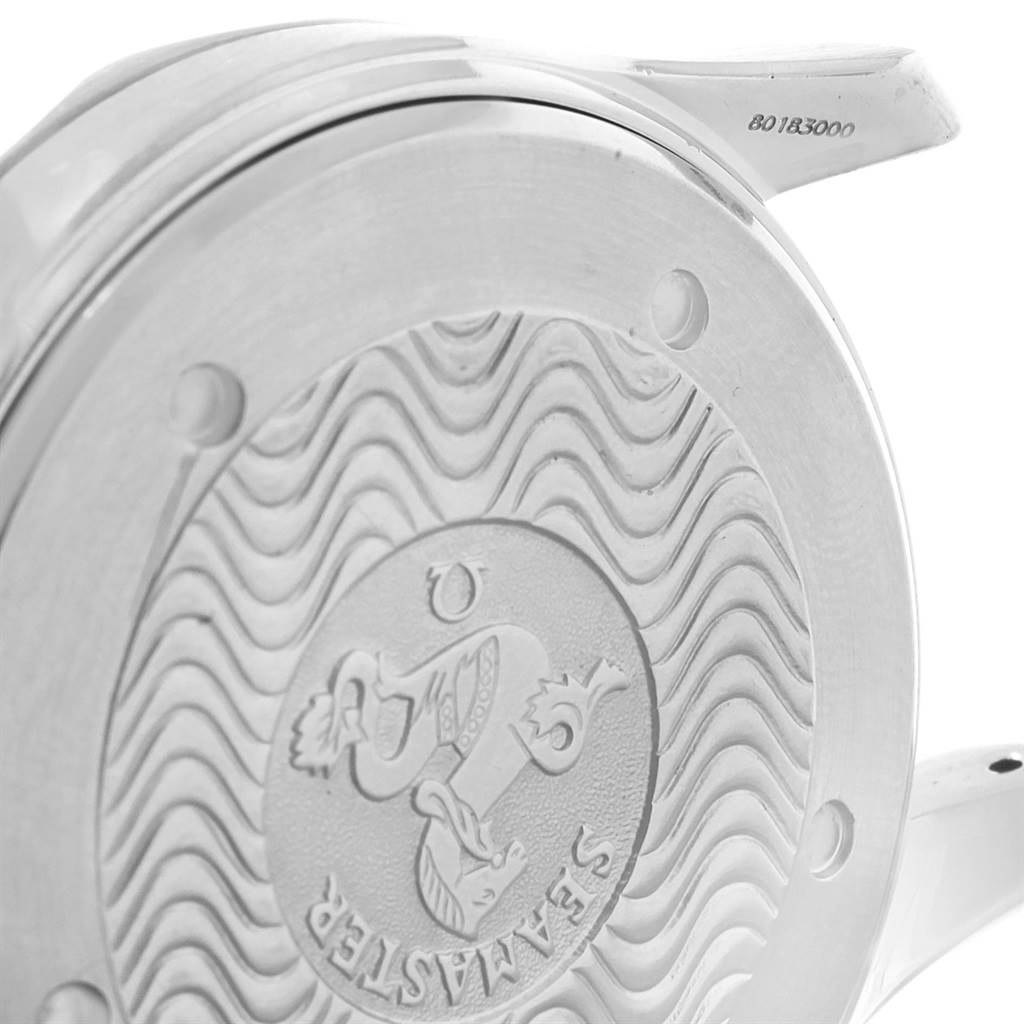 The image shows the engraved case back of an Omega Seamaster 2531.80.00 Men
s Stainless Steel Blue Dial 2531.80.00 Men
s Stainless Steel Blue Dial watch from a side angle.