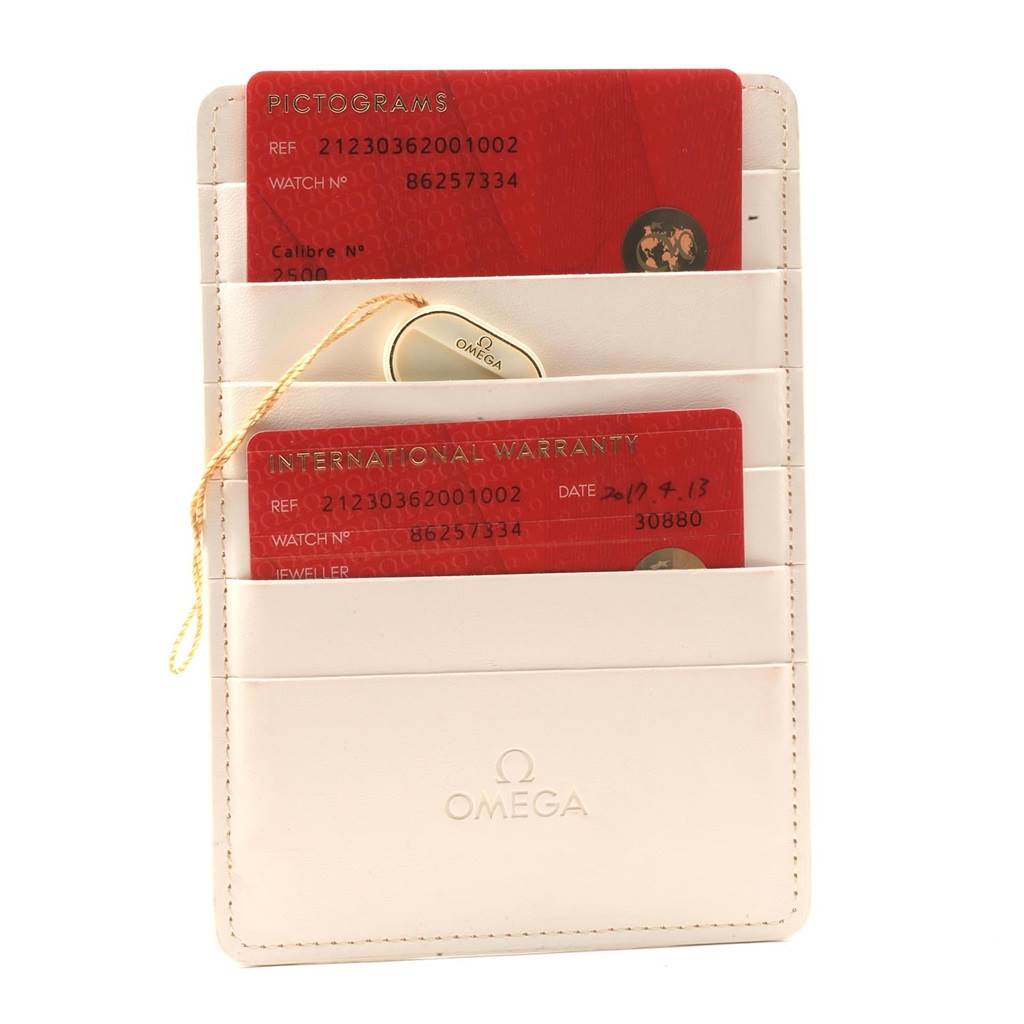 The image shows Omega Seamaster 212.30.36.20.01.002 Men
s Stainless Steel Black Dial 212.30.36.20.01.002 Men
s Stainless Steel Black Dial model warranty cards and a pictogram card held in a white Omega-branded cardholder.