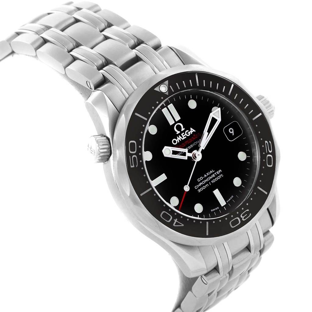 The image shows an Omega Seamaster 212.30.36.20.01.002 Men
s Stainless Steel Black Dial 212.30.36.20.01.002 Men
s Stainless Steel Black Dial watch at an angled, top-down view highlighting the dial, bezel, and metal bracelet.