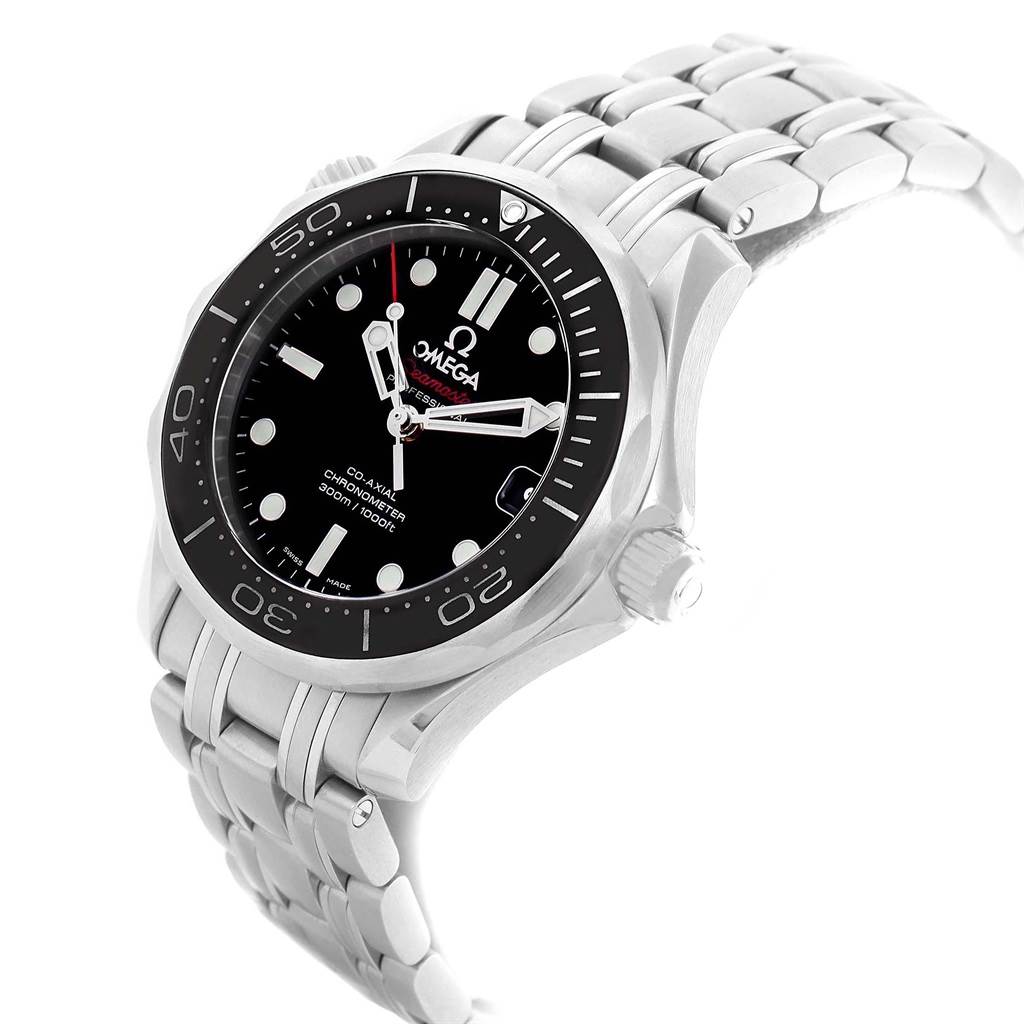 The image shows an Omega Seamaster 212.30.36.20.01.002 Men
s Stainless Steel Black Dial 212.30.36.20.01.002 Men
s Stainless Steel Black Dial watch from an angled front view, highlighting the dial, bezel, and bracelet.