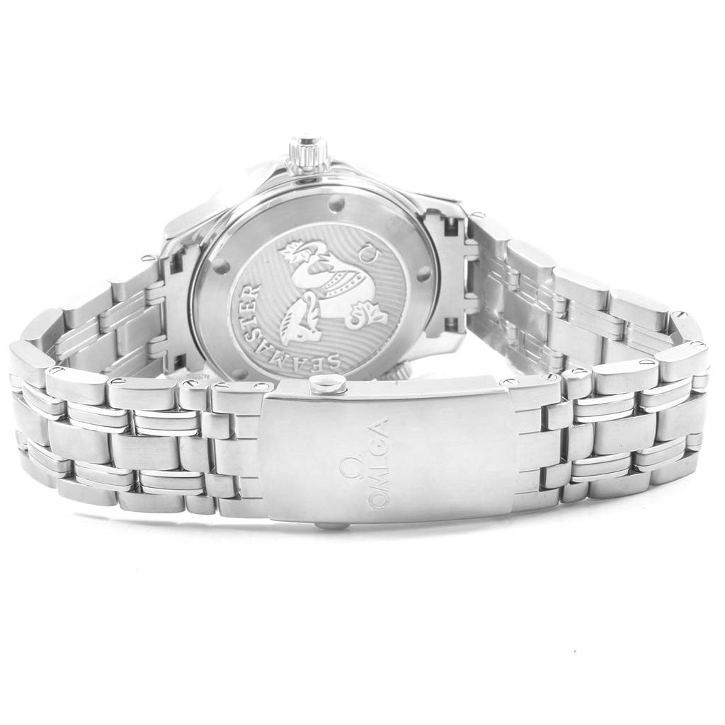 The image shows the back view of the Omega Seamaster 212.30.36.20.01.002 Men
s Stainless Steel Black Dial 212.30.36.20.01.002 Men
s Stainless Steel Black Dial watch, focusing on the case back and metal bracelet with the clasp.