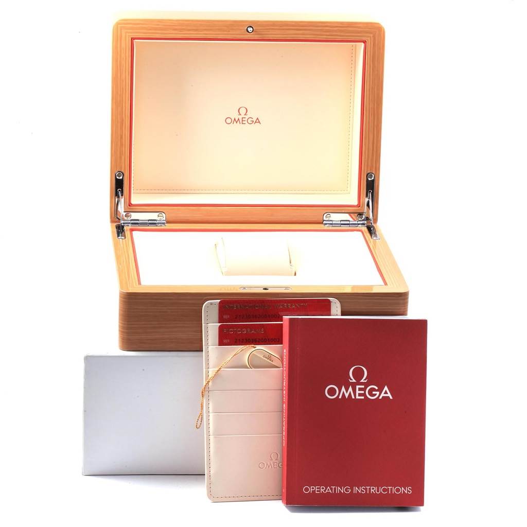 The image shows an Omega Seamaster 212.30.36.20.01.002 Men
s Stainless Steel Black Dial 212.30.36.20.01.002 Men
s Stainless Steel Black Dial watch box, operating instructions, and cardholder.