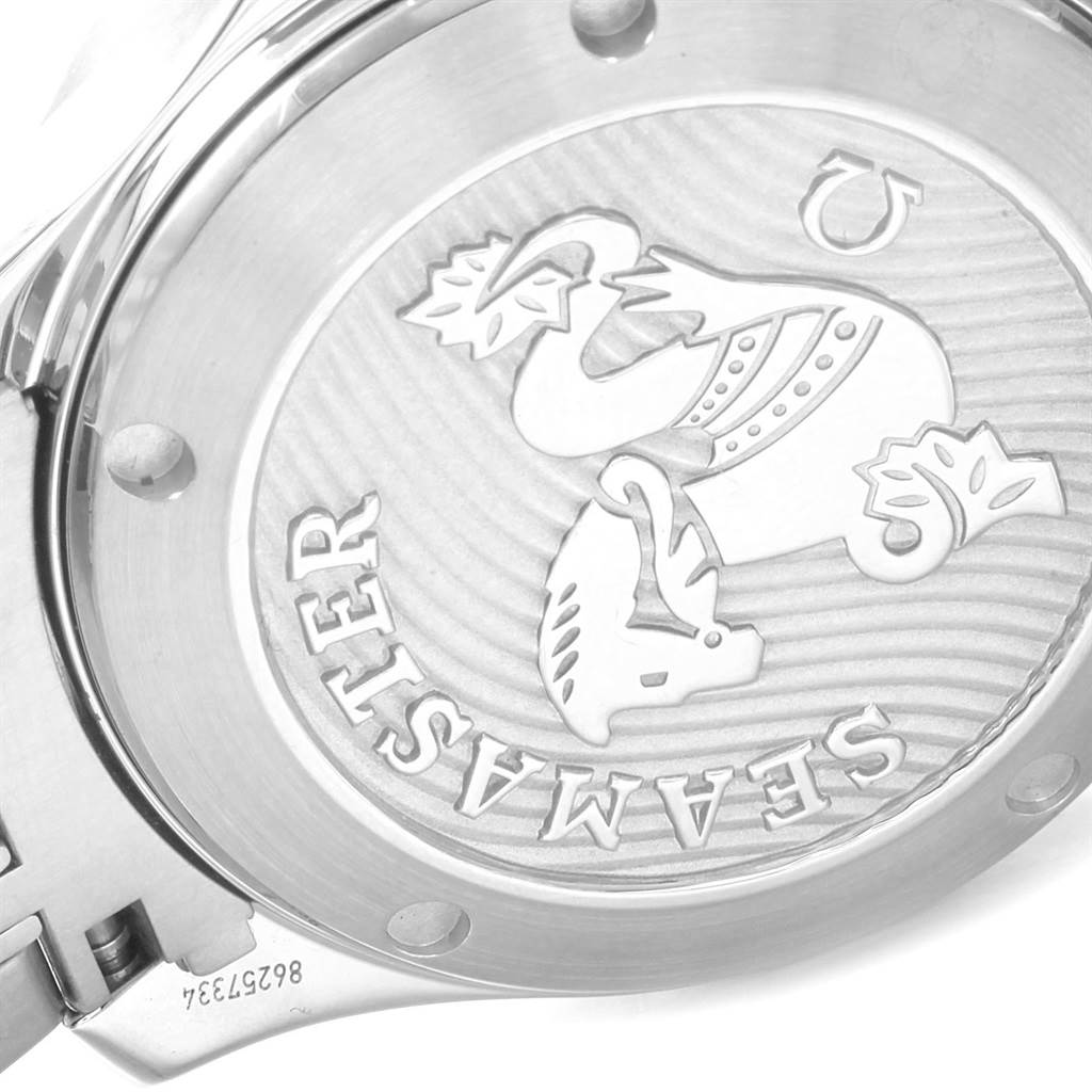 This image shows the engraved case back of an Omega Seamaster 212.30.36.20.01.002 Men
s Stainless Steel Black Dial 212.30.36.20.01.002 Men
s Stainless Steel Black Dial watch, highlighting the logo and model name.