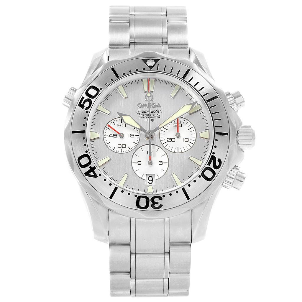The image shows a front view of an Omega Seamaster 2589.30.00 Men
s Stainless Steel Silver Dial 2589.30.00 Men
s Stainless Steel Silver Dial watch, highlighting its stainless steel band and chronograph dial.