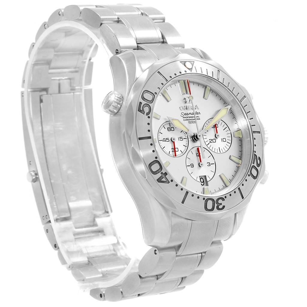 The Omega Seamaster 2589.30.00 Men
s Stainless Steel Silver Dial 2589.30.00 Men
s Stainless Steel Silver Dial watch is shown at a three-quarter angle, highlighting its face, bezel, crown, and metal bracelet.