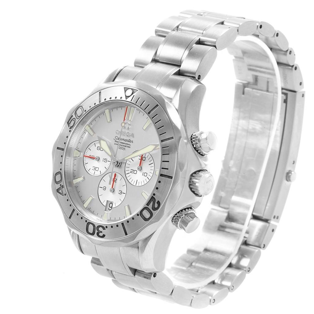 The Omega Seamaster 2589.30.00 Men
s Stainless Steel Silver Dial 2589.30.00 Men
s Stainless Steel Silver Dial watch is shown from an angled side view, with the face, bezel, crown, and bracelet clearly visible.