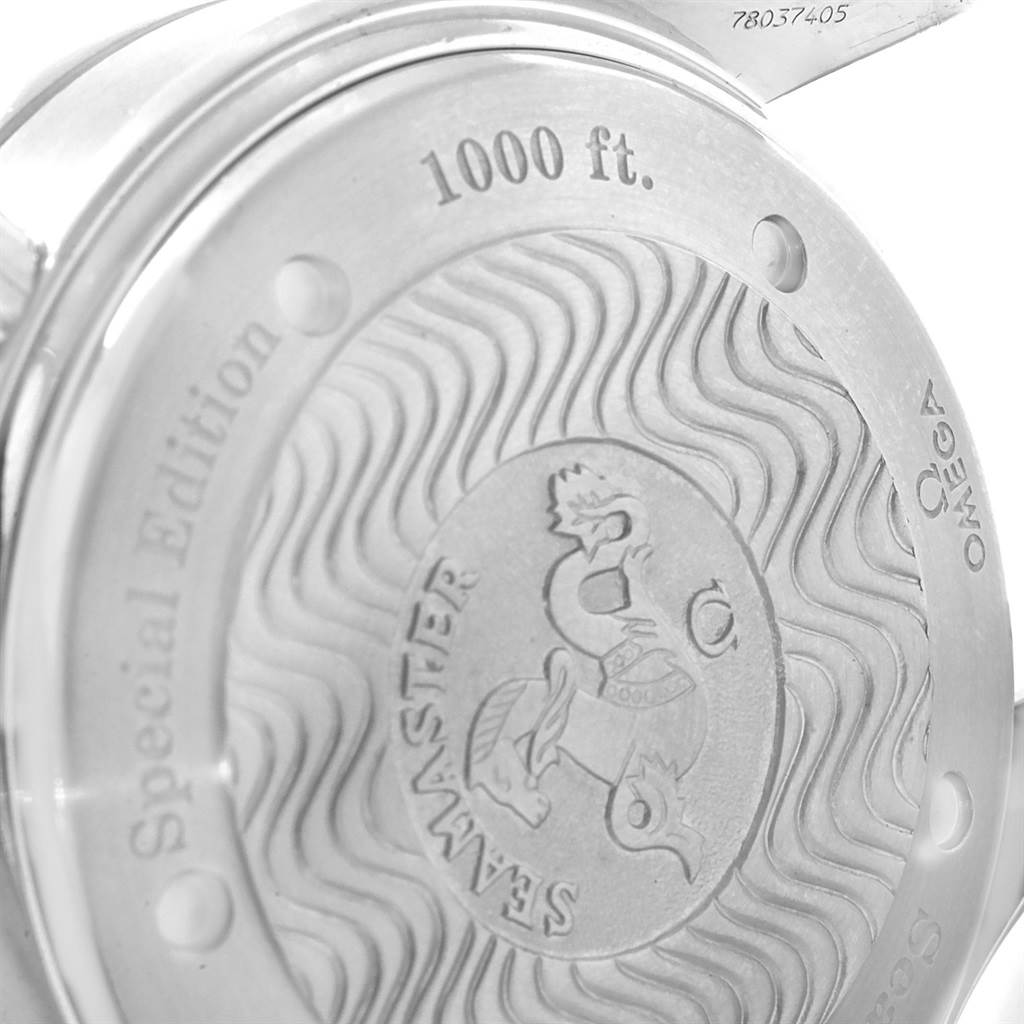 The image shows the engraved case back of an Omega Seamaster 2589.30.00 Men
s Stainless Steel Silver Dial 2589.30.00 Men
s Stainless Steel Silver Dial watch, highlighting "1000 ft.", "Special Edition", and "OMEGA" text.