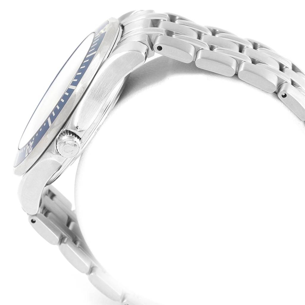 The image shows a side view of an Omega Seamaster 2531.80.00 Men
s Stainless Steel Blue Dial 2531.80.00 Men
s Stainless Steel Blue Dial watch, highlighting its metal bracelet and crown.