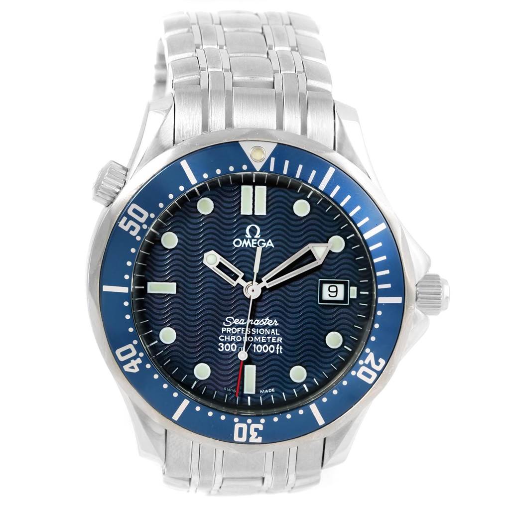The Omega Seamaster 2531.80.00 Men
s Stainless Steel Blue Dial 2531.80.00 Men
s Stainless Steel Blue Dial watch is shown from a front angle displaying its dial, bezel, and stainless steel bracelet.