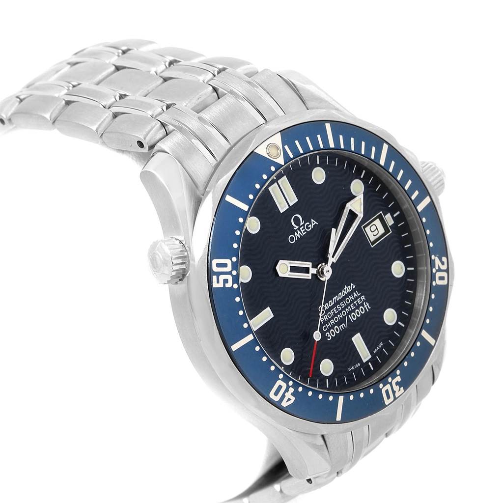 The image displays an Omega Seamaster 2531.80.00 Men
s Stainless Steel Blue Dial 2531.80.00 Men
s Stainless Steel Blue Dial watch at a side angle, showcasing the face, bezel, crown, and part of the bracelet.