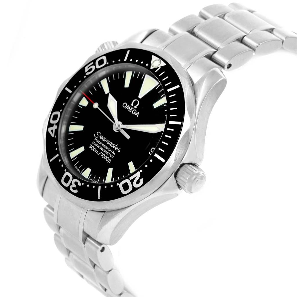 This Omega Seamaster 2252.50.00 Men
s Stainless Steel Black Dial 2252.50.00 Men
s Stainless Steel Black Dial watch is shown from an angled perspective, highlighting its stainless steel bracelet, bezel, and face.