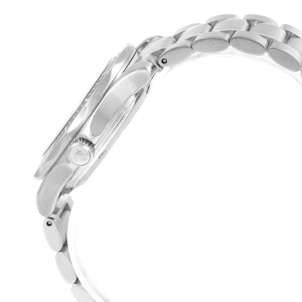 The image shows a side view of an Omega Seamaster 2252.50.00 Men
s Stainless Steel Black Dial 2252.50.00 Men
s Stainless Steel Black Dial watch, focusing on the crown and bracelet links.