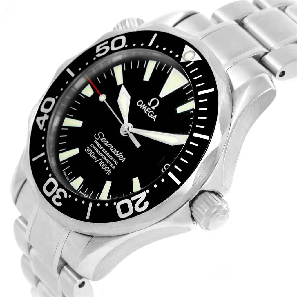 The image shows an Omega Seamaster 2252.50.00 Men
s Stainless Steel Black Dial 2252.50.00 Men
s Stainless Steel Black Dial watch from a three-quarter angle, highlighting the dial, bezel, and steel bracelet.