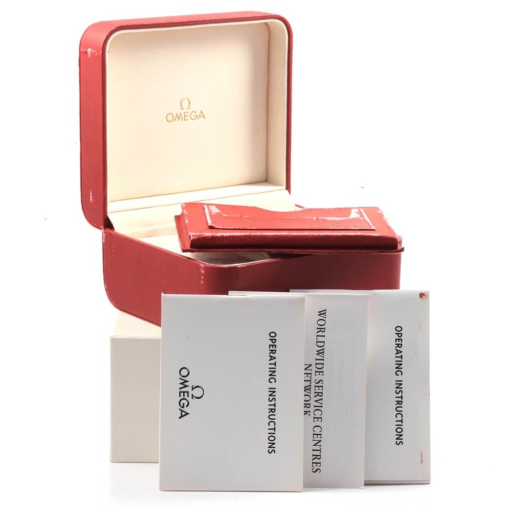 The image shows the open box and documentation of an Omega Seamaster 2252.50.00 Men
s Stainless Steel Black Dial 2252.50.00 Men
s Stainless Steel Black Dial watch.