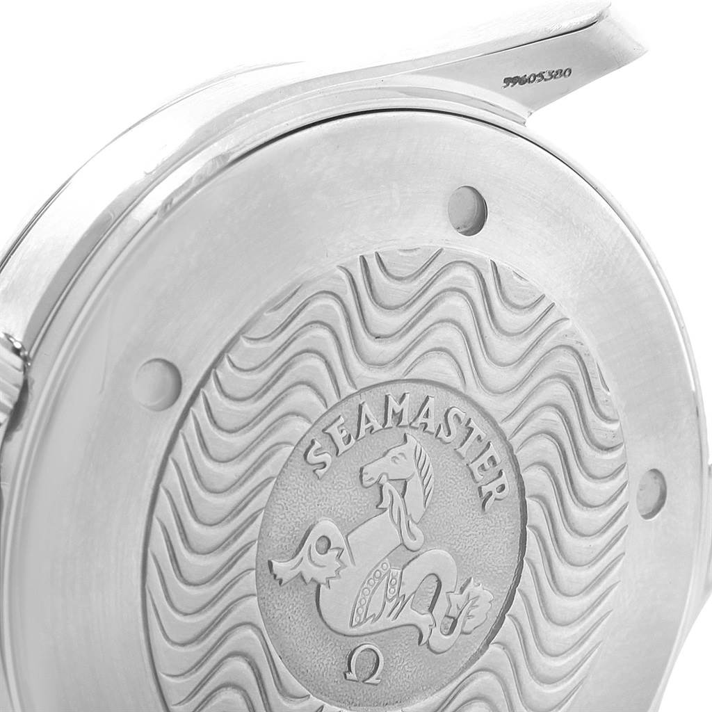 The image shows the case back of an Omega Seamaster 2264.50.00 Men
s Stainless Steel Black Dial 2264.50.00 Men
s Stainless Steel Black Dial watch with its signature engraving.