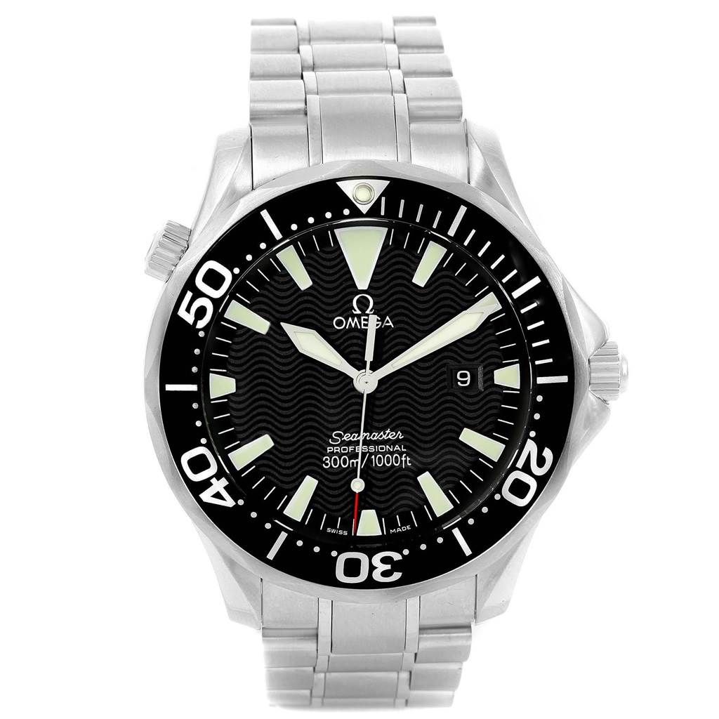 The Omega Seamaster 2264.50.00 Men
s Stainless Steel Black Dial 2264.50.00 Men
s Stainless Steel Black Dial watch is shown from the front, displaying the face, bezel, cas, and full metal bracelet.